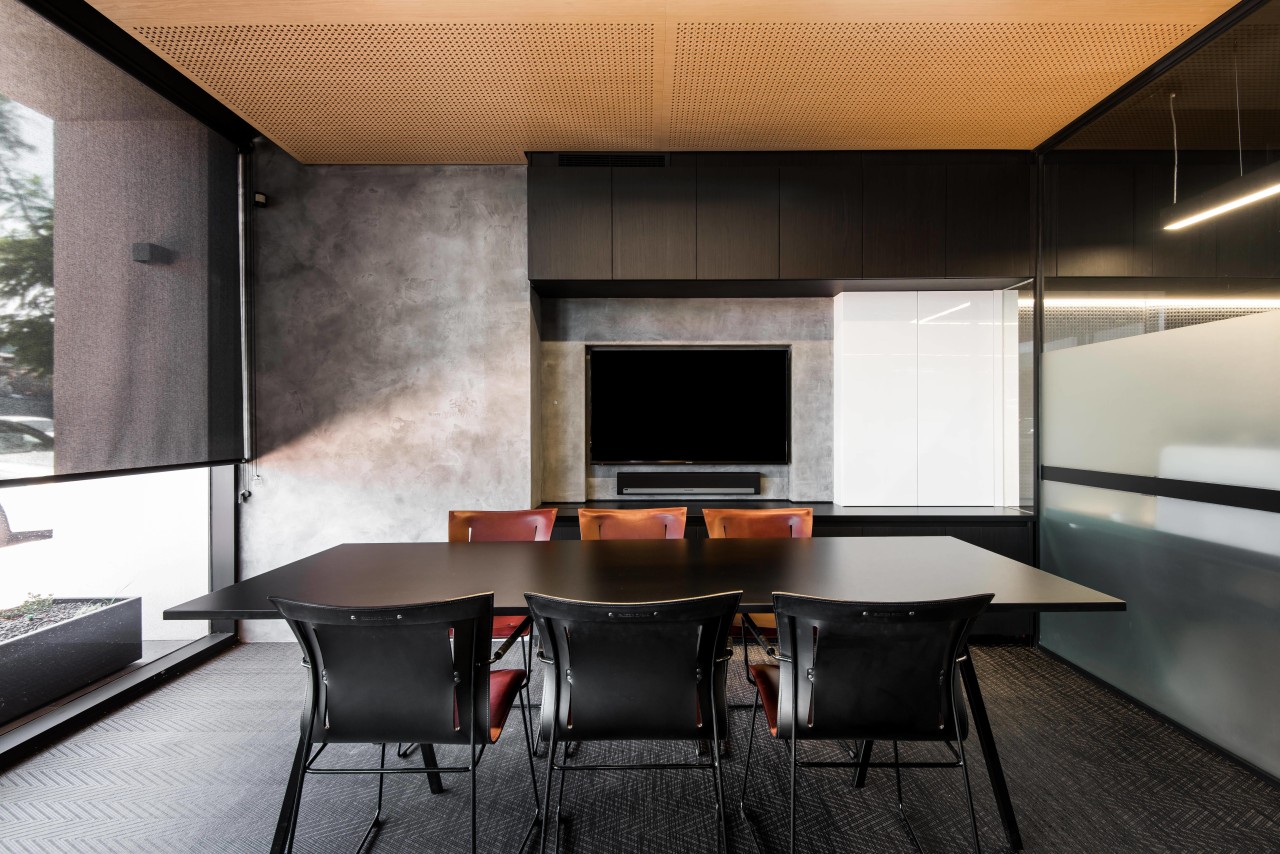 This separate meeting room at the studio of architecture, house, interior design, table, black