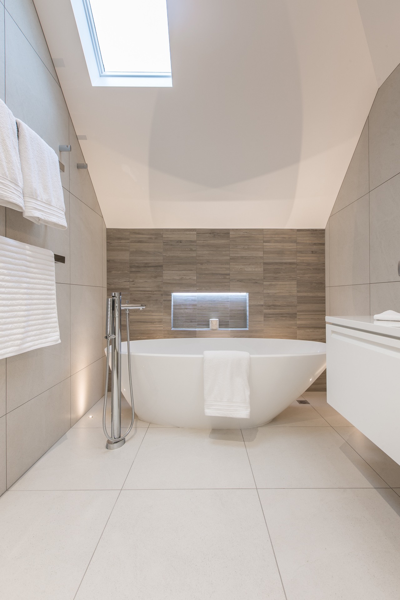 White Bathroom With Angular Ceiling And Trends