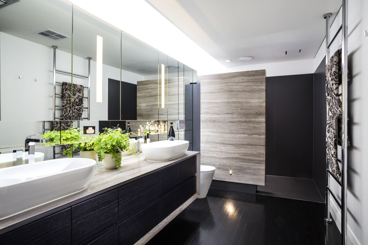 In this bathroom by designer Jason Saunders dark-veined architecture, bathroom, countertop, interior design, room, white, black