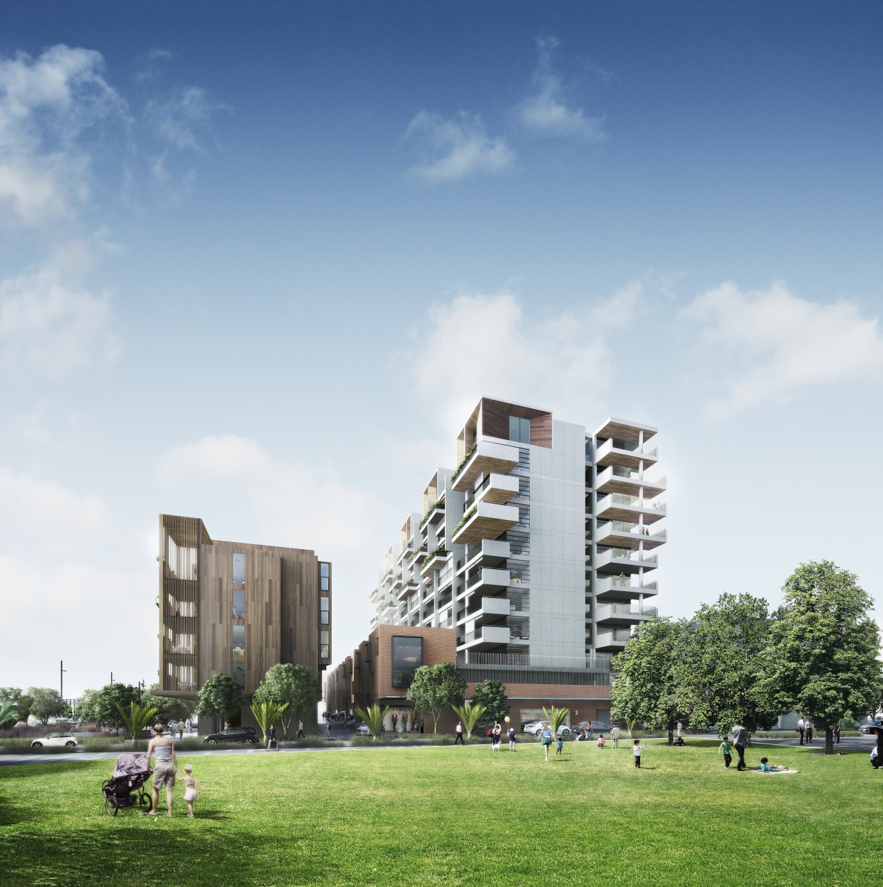 This perspective of Wynyard Central illustrates the variety apartment, architecture, building, campus, cloud, condominium, corporate headquarters, daytime, grass, house, metropolitan area, mixed use, neighbourhood, real estate, residential area, sky, suburb, tower block, urban design, white