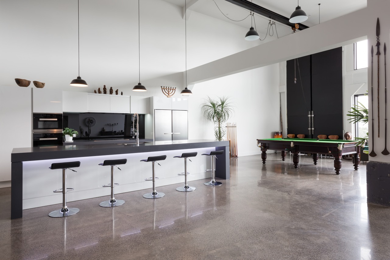 Part of a greater warehouse conversion, this kitchen countertop, floor, flooring, furniture, interior design, kitchen, product design, table, gray