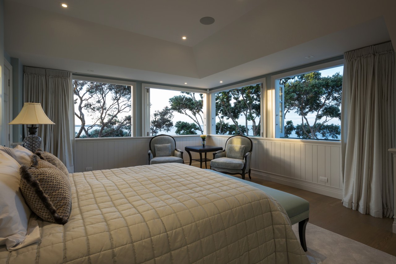 Prime position this generous-sized master bedroom has panoramic bedroom, ceiling, estate, home, interior design, property, real estate, room, window, window treatment, gray, black