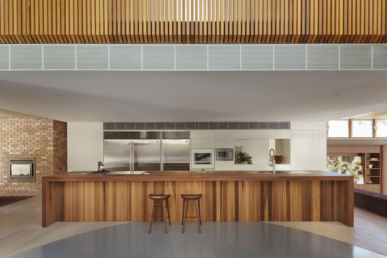 A six-metre long island with a spotted gum architecture, ceiling, daylighting, house, interior design, kitchen, lobby, real estate, wood, gray, brown