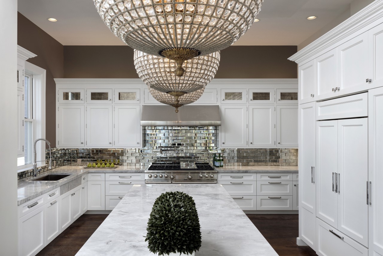 Traditional features such as antique chandeliers and mirror cabinetry, ceiling, countertop, cuisine classique, home, interior design, kitchen, room, gray, white