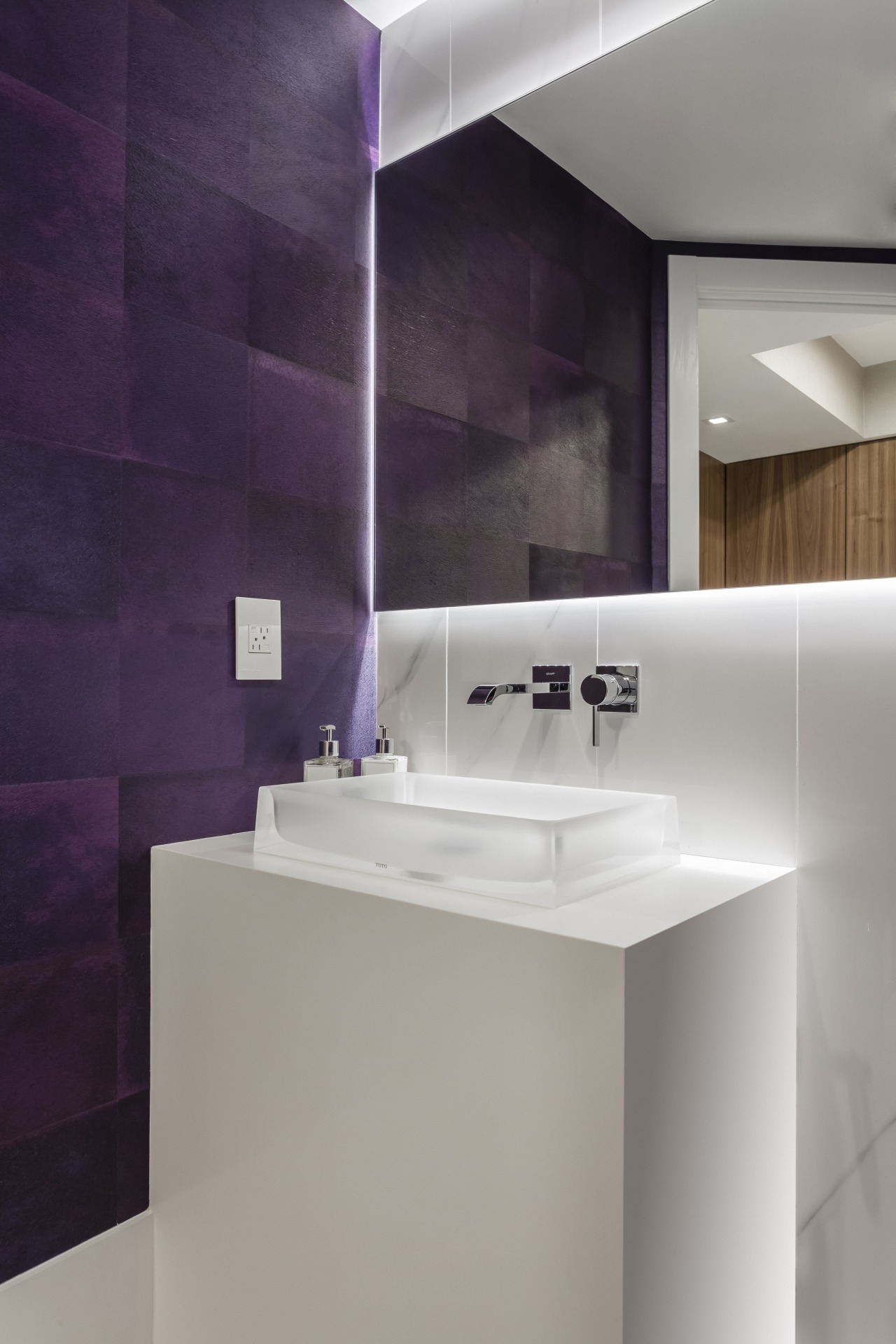 Take two white walls, a white marble floor architecture, bathroom, bathroom accessory, bathroom sink, ceramic, floor, interior design, plumbing fixture, product design, purple, sink, tap, tile, gray, purple