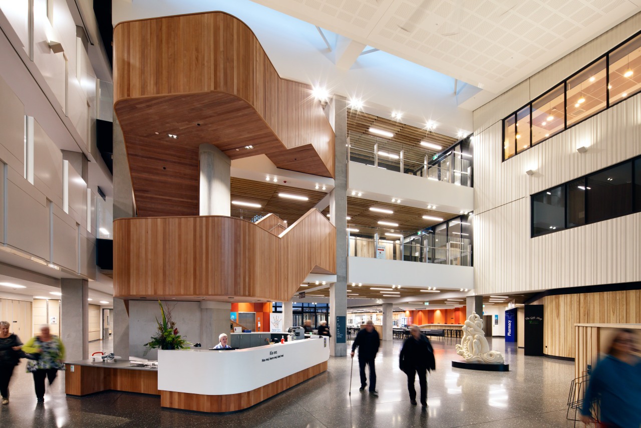 The double-height arrival atrium at Burwood Hospital extension architecture, institution, interior design, lobby, gray