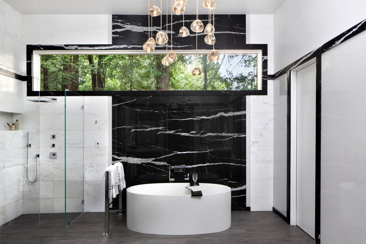 This pampering bathroom by TRG Architecture + Interior bathroom, floor, flooring, interior design, product design, shelf, tap, wall, gray, black