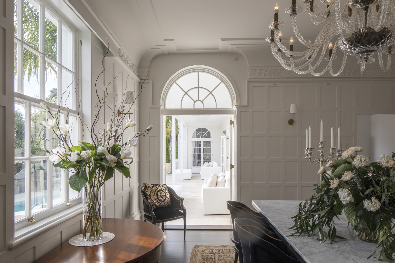 In this renovation, classic dark oak panelling was architecture, ceiling, estate, home, house, interior design, living room, window, gray