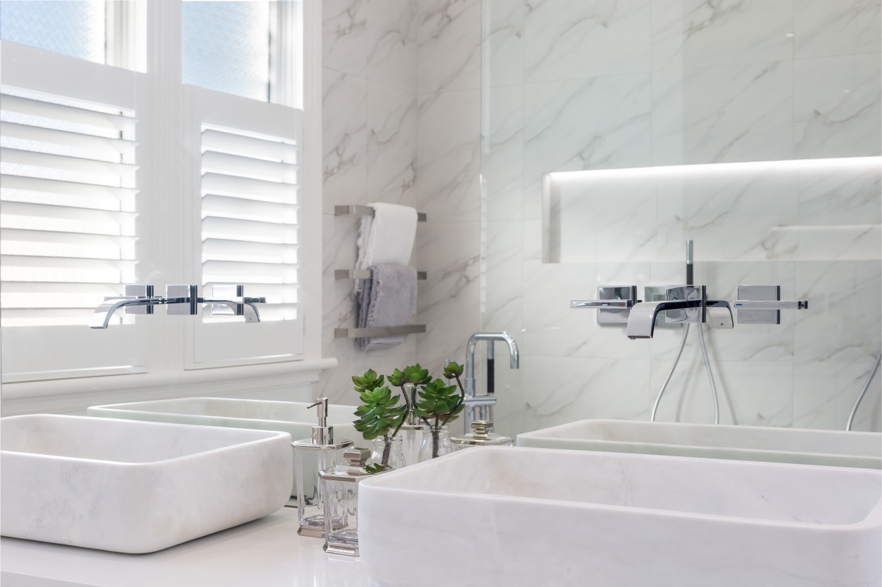 Hand-made marble vanity basins are a feature of bathroom, bathroom sink, floor, interior design, plumbing fixture, product design, property, room, sink, tap, tile, wall, white, gray