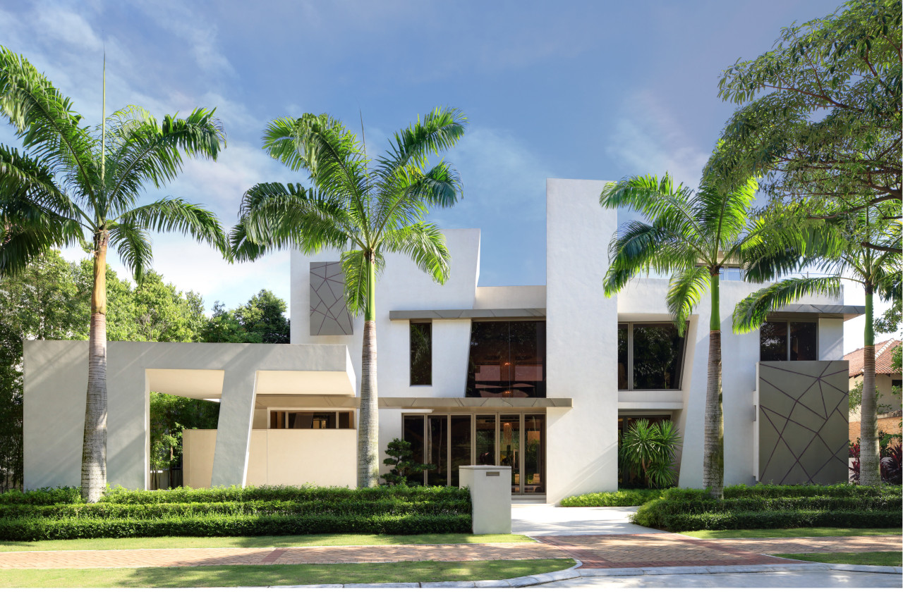 A picture of white stucco forms and dark architecture, arecales, building, condominium, elevation, estate, facade, home, house, official residence, palm tree, property, real estate, residential area, villa