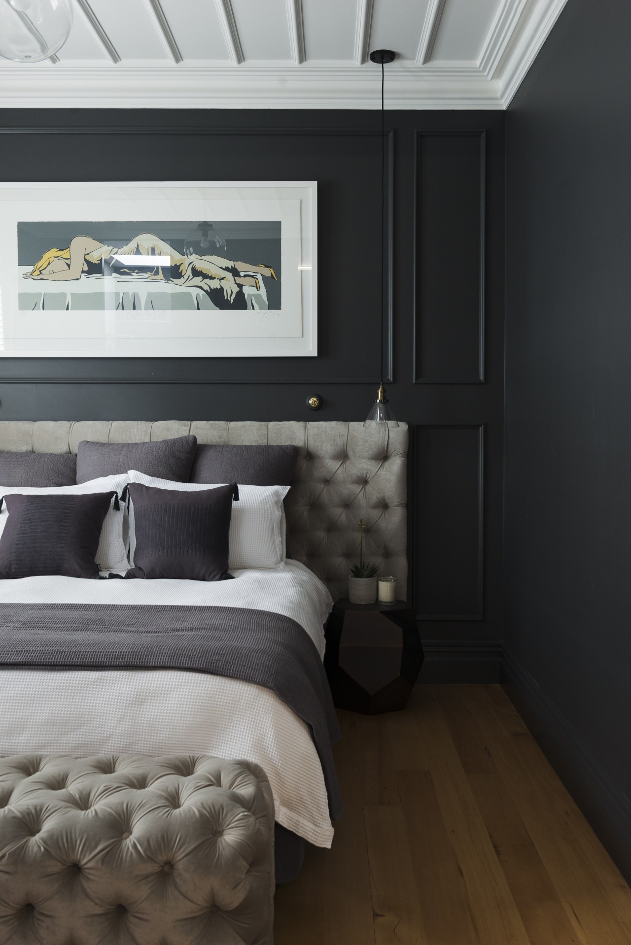 This moody master bedroom makeover by Katie bed frame, bedroom, ceiling, floor, home, interior design, room, wall, black, gray