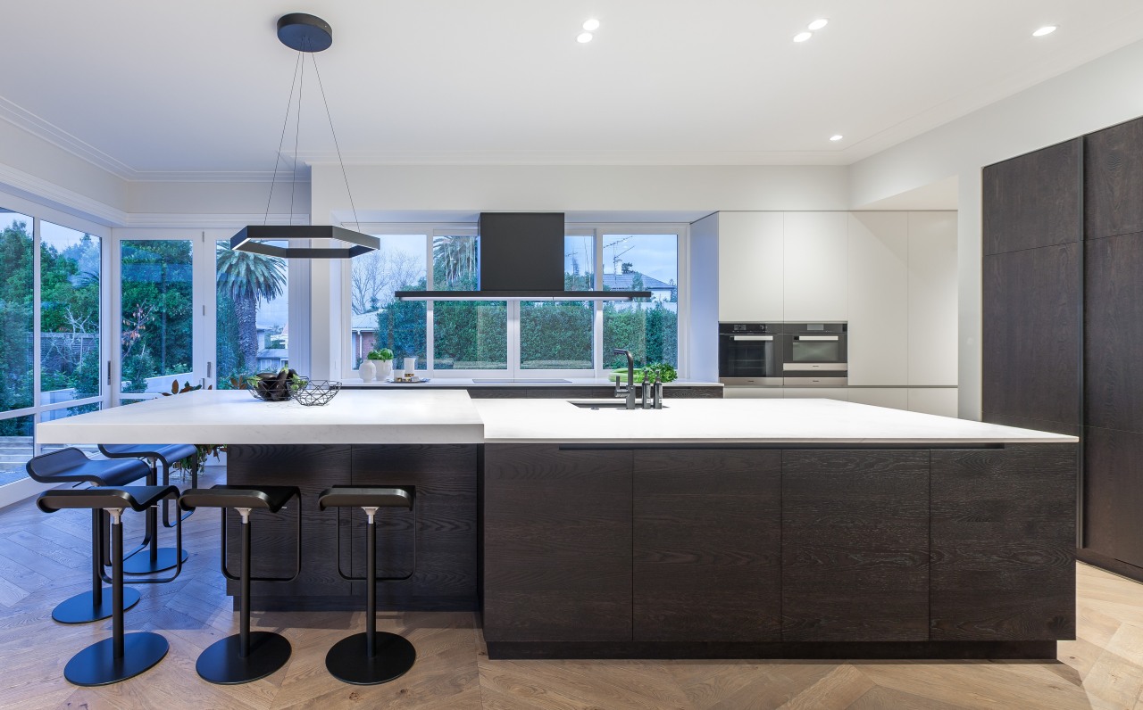 Balance is key to the serenity of this countertop, interior design, kitchen, real estate, room, black, white