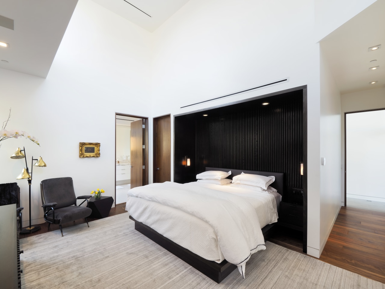 The closet is contained in a separate room bed frame, bedroom, ceiling, floor, interior design, property, real estate, room, suite, wall, gray, white