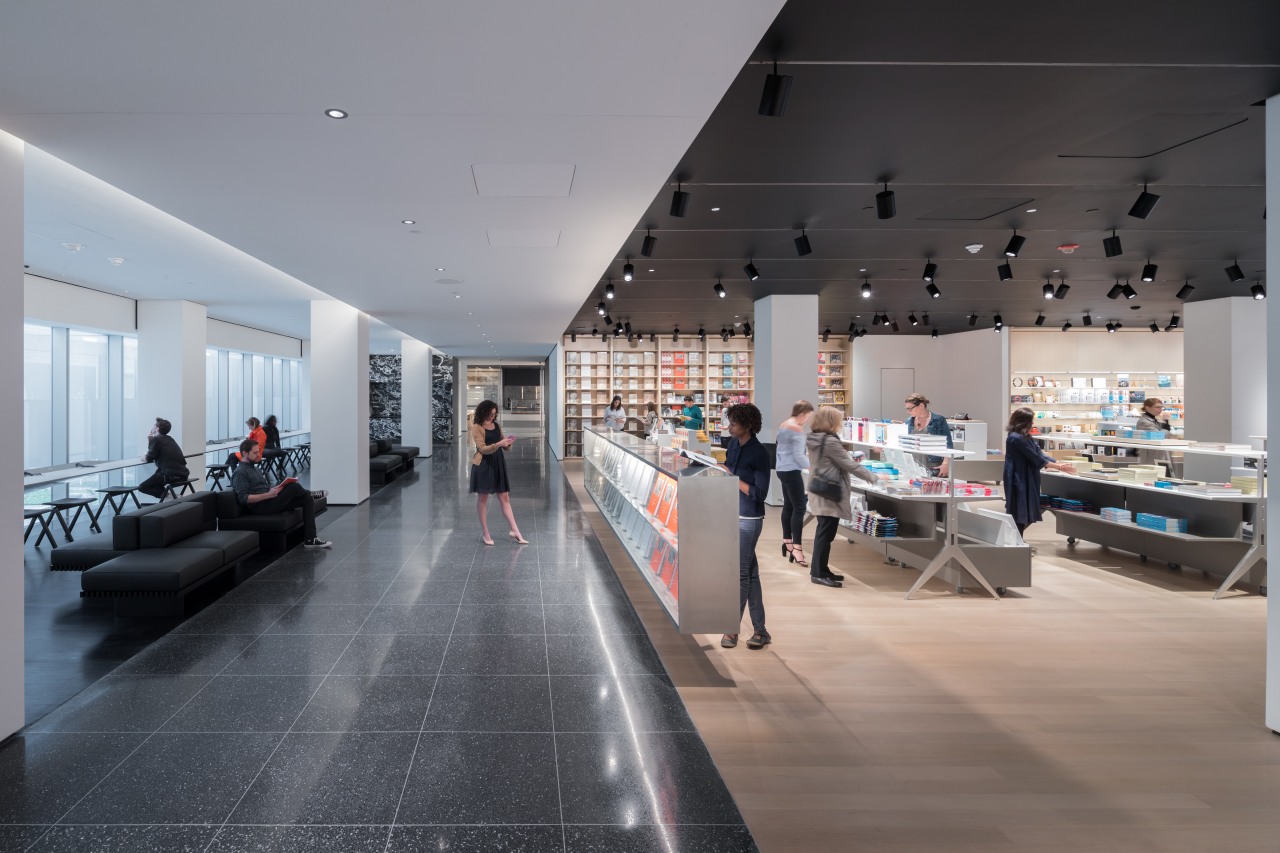 The second floor of MoMA’s expansion includes a architecture, building, ceiling, design, floor, flooring, interior design, lobby, room, tourist attraction, gray, black