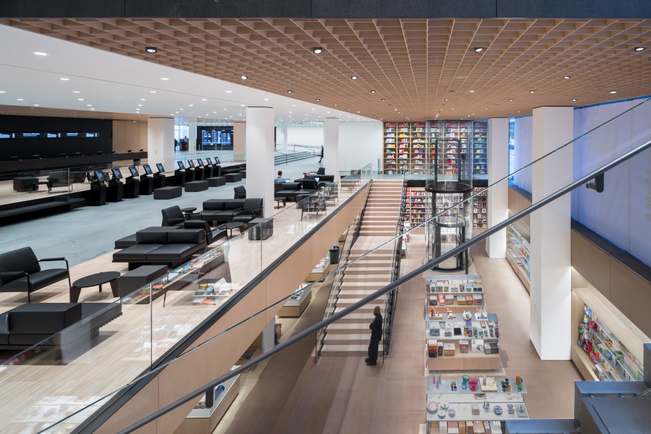 Interior view of The Museum of Modern Art, architecture, building, floor, flooring, interior design, retail, room, shopping mall, gray