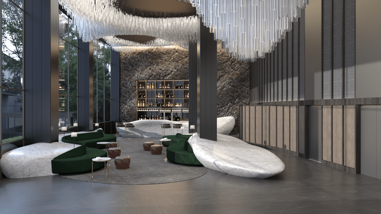 The lobby at the Art Hotel, designed by architecture, building, hotel, China, ceiling, column, floor, flooring, furniture, house, interior design, lobby, pavilion, property, room, gray, black