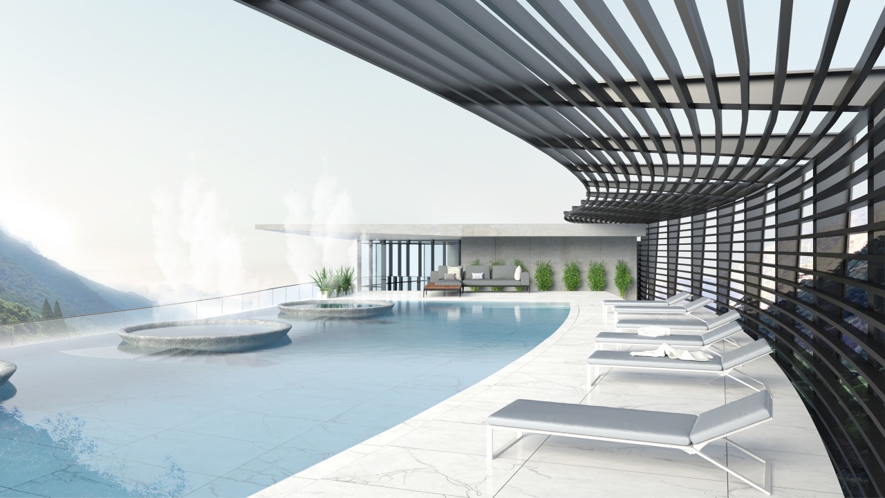 The rooftop pool provides a scenic spot for architecture, hotel, China, building, daylighting, design, floor, headquarters, home, house, interior design, lobby, property, real estate, room, urban design, white