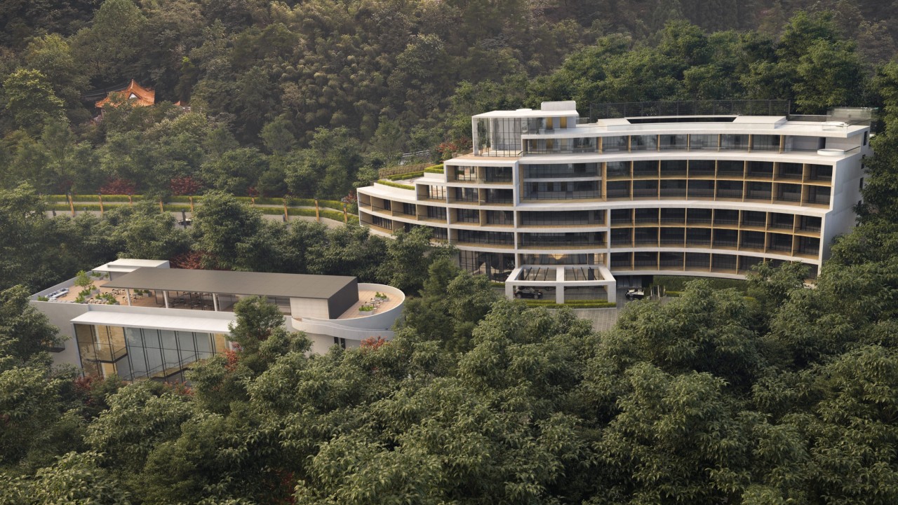 Designed by Bonham Architecture and Interiors this hotel architecture, hotel, China, bird's-eye view, building, city, condominium, hill station, landscape, mixed-use, property, real estate, residential area, urban design, black, brown