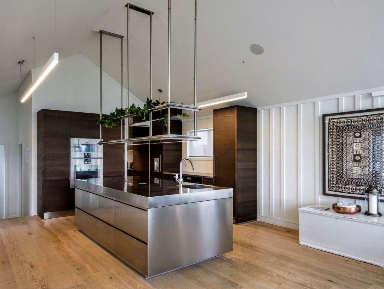 Stainless steel island doors, tops and plinths contrast countertop, floor, interior design, kitchen, gray