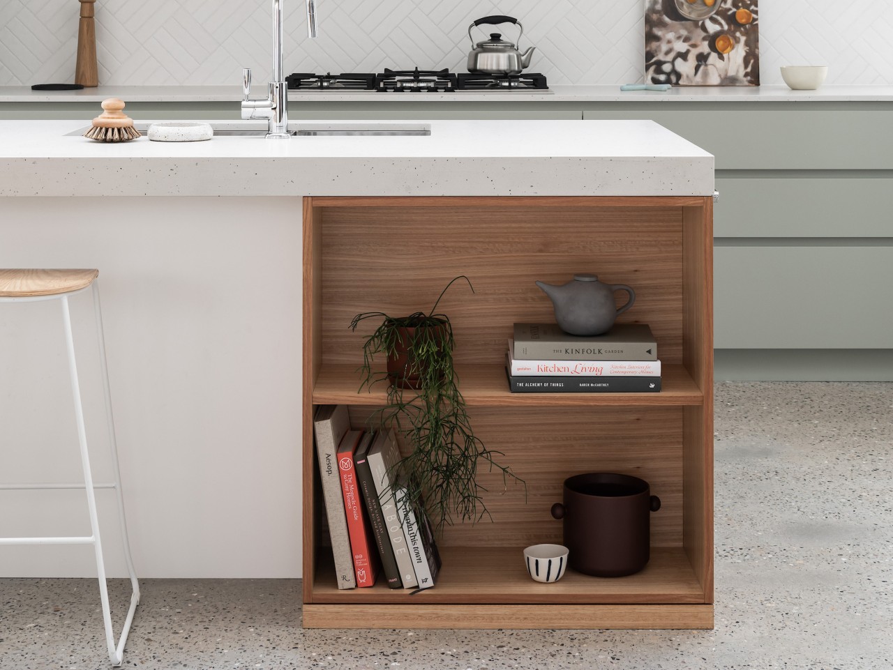 Open display shelving in the new kitchen island. 