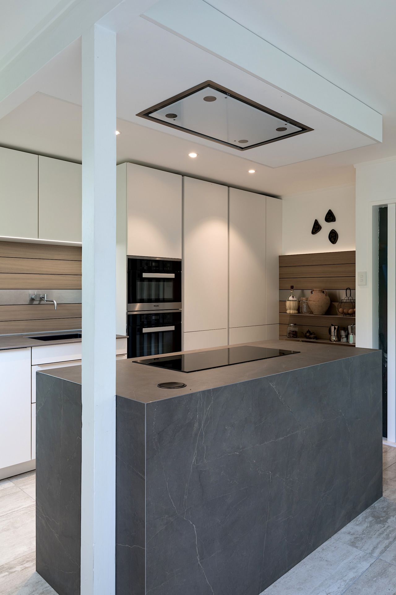 As the owners didn't want seating at the architecture, building, cabinetry, ceiling, countertop, design, floor, furniture, home, house, interior design, kitchen, lighting, material property, property, room, gray