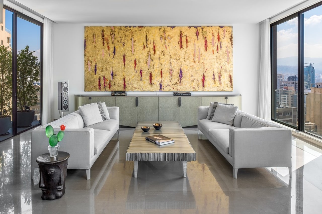 ​​​​​​​- Painting: 600 x 300cm by Venezuelan artist apartment, architecture, building, ceiling, coffee table, design, floor, flooring, furniture, home, house, interior design, living room, loft, property, real estate, room, suite, table, wall, gray, white