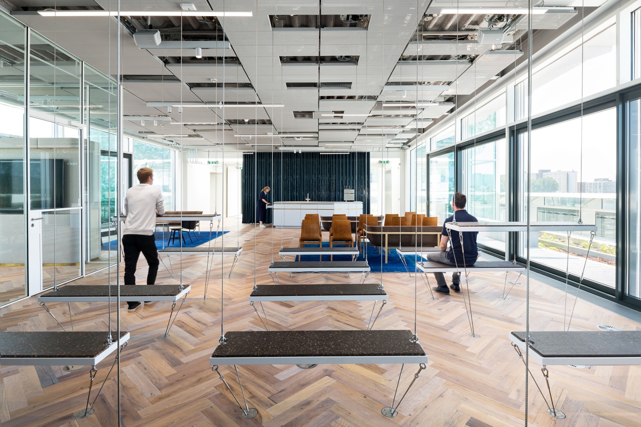 The flexbenches on the 5th floor in the architecture, building, ceiling, daylighting, design, floor, flooring, furniture, glass, headquarters, home, house, interior design, lobby, loft, office, property, room, white