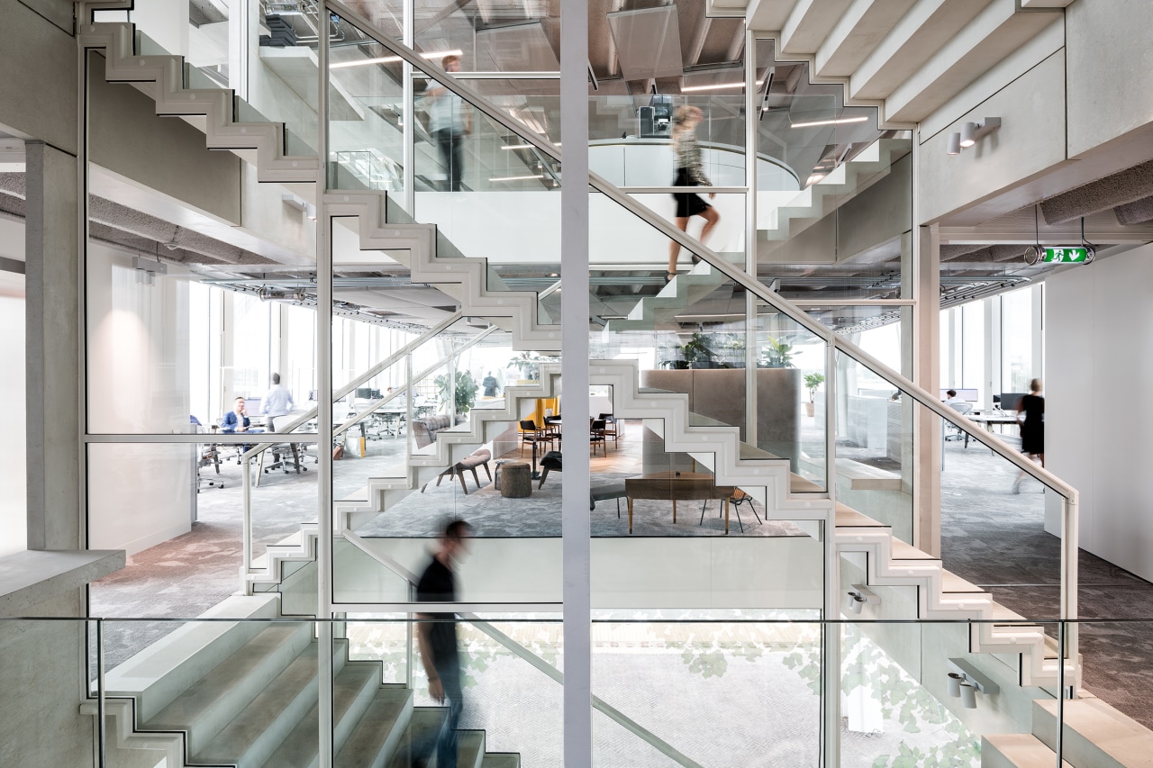 Going somewhere? An Escher-eske view on the central architecture, building, ceiling, daylighting, design, floor, flooring, glass, headquarters, interior design, loft, material property, metal, office, real estate, room, space, stairs, white, gray