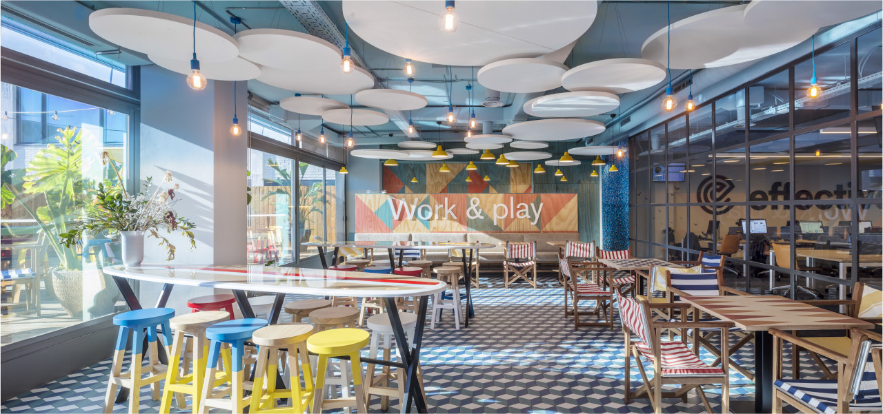 The colourful, sunlit dining area. 