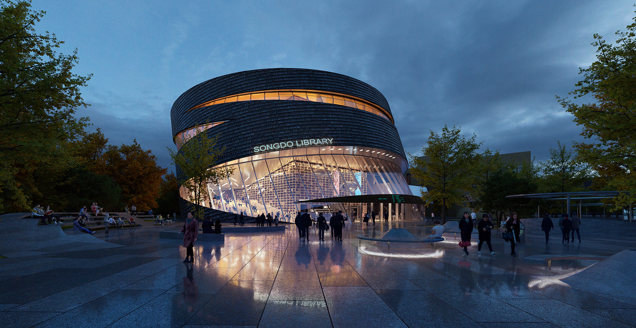 The proposed city library imagined by night. 