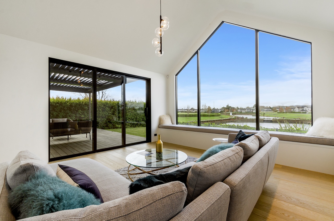 The main living area connects with the scenic gray