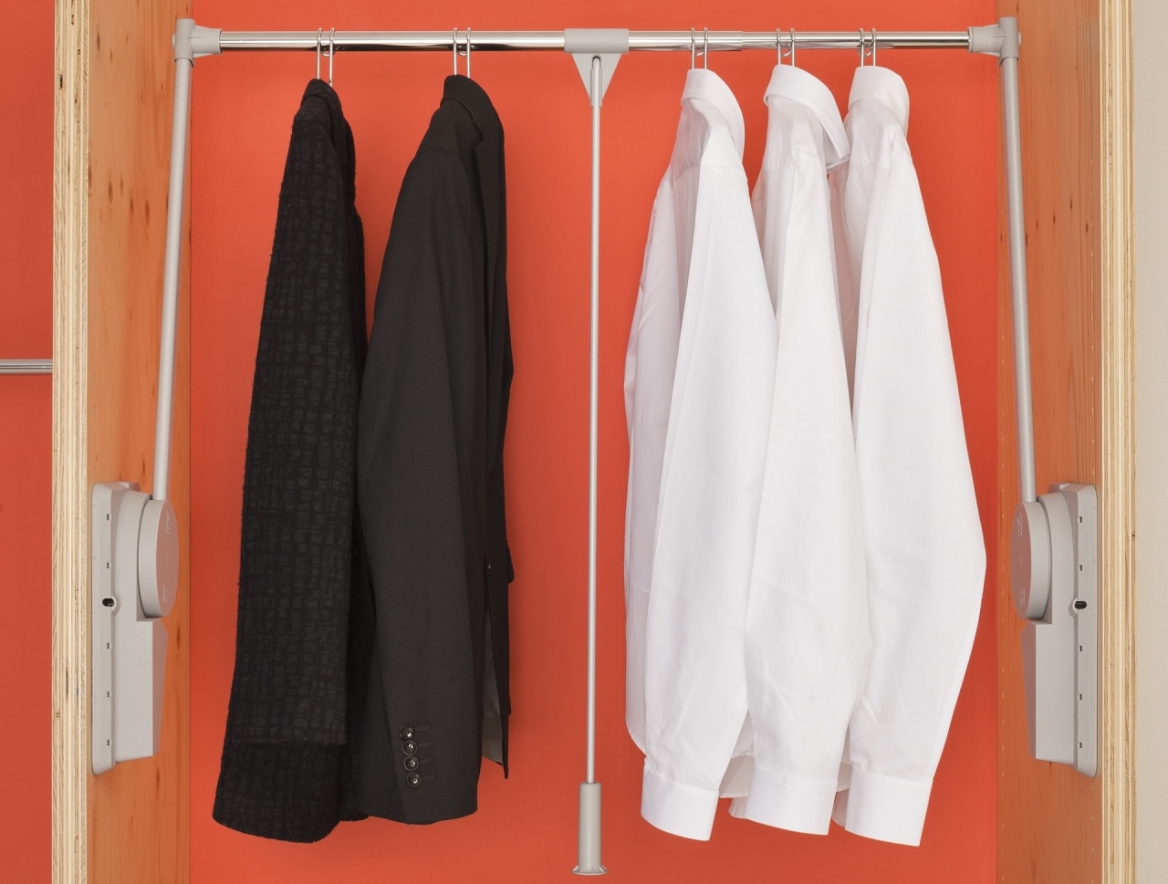 Use Ambos lifts in the upper parts of closet, clothes hanger, outerwear, room, red, white