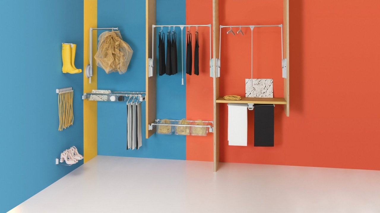 The Ambos Wardrobe System by FIT blue, floor, furniture, product, room, shelf, shelving, red, teal