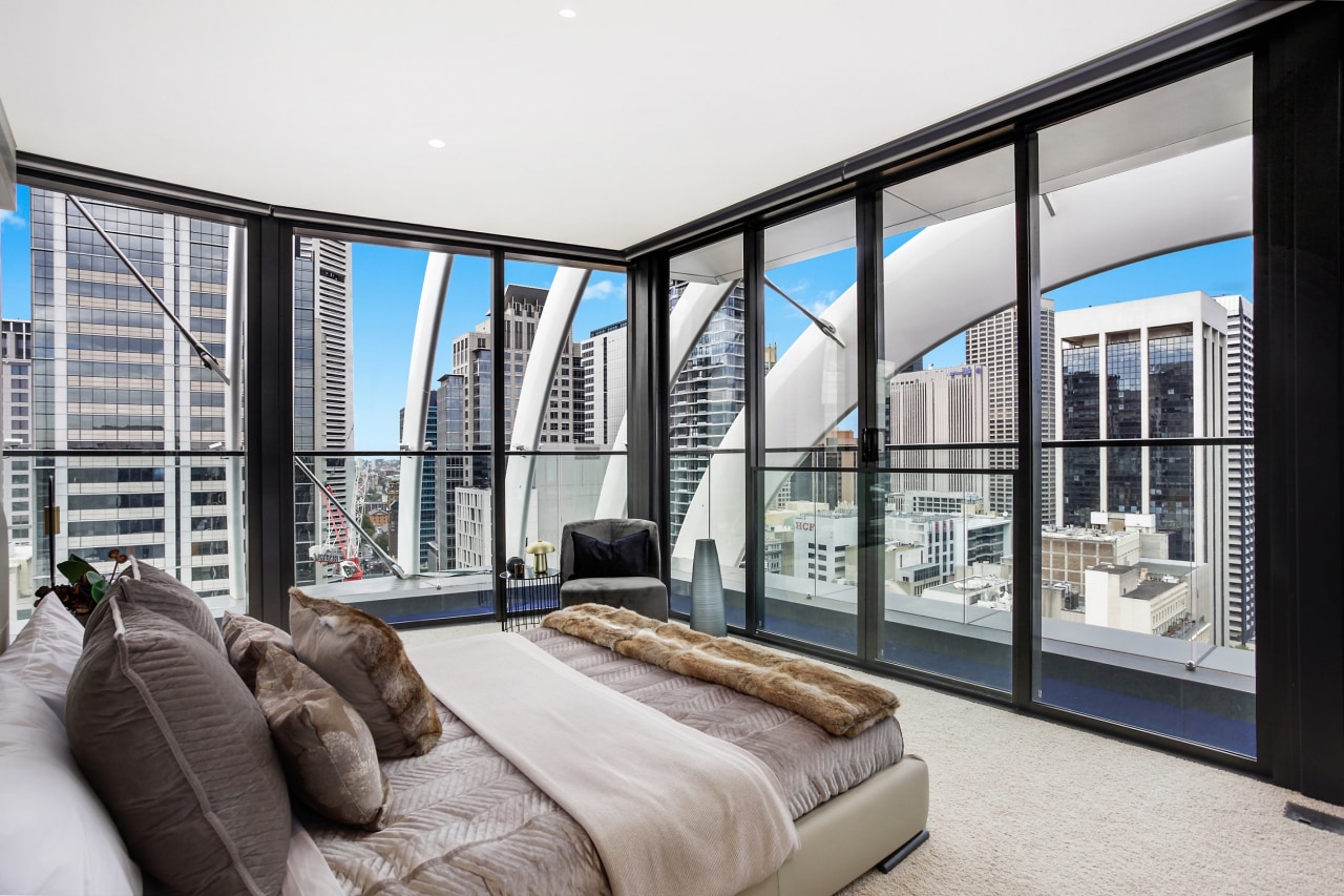 The level 28 penthouse takes in stunning views apartment, architecture, bed, bed frame, bedroom, building, ceiling, condominium, design, door, furniture, home, house, interior design, living room, penthouse apartment, property, real estate, room, suite, window, white, gray