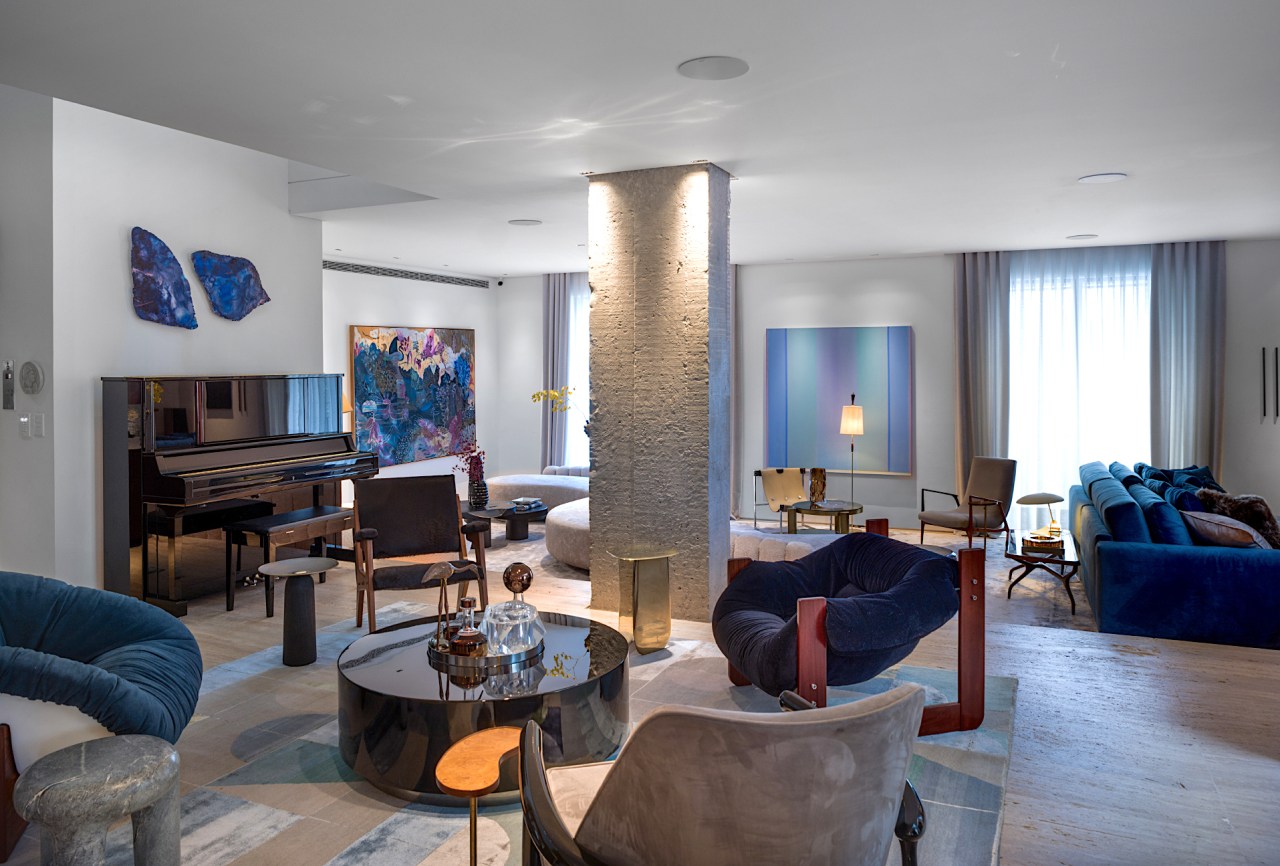 A Roman travertine floor runs through the penthouse. 