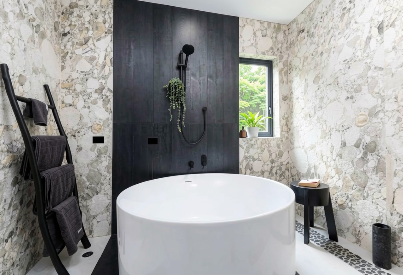 The pebbles laid intricately on the floor complement 