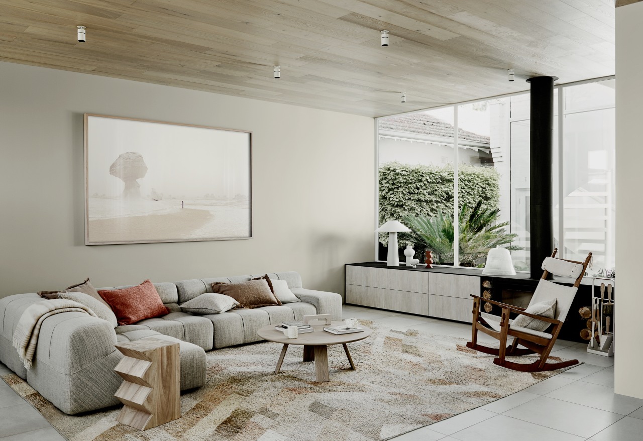 Dulux Colour Forecast 2020 Grounded Palette. Colours: Dulux architecture, building, ceiling, coffee table, couch, floor, flooring, furniture, home, house, interior design, living room, loft, property, real estate, room, table, wall, gray