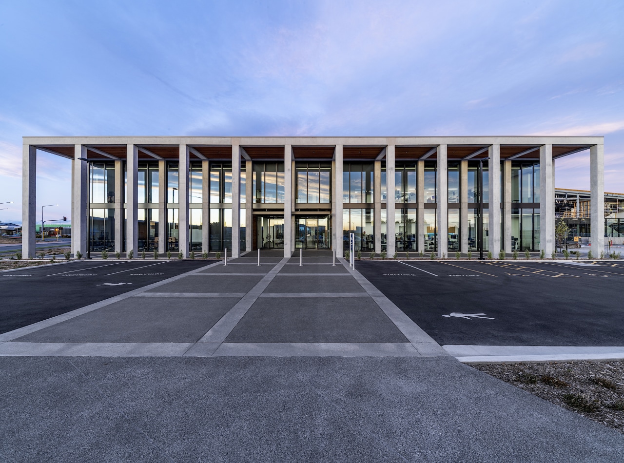 Tall colonnades in precast concrete create a dramatic 