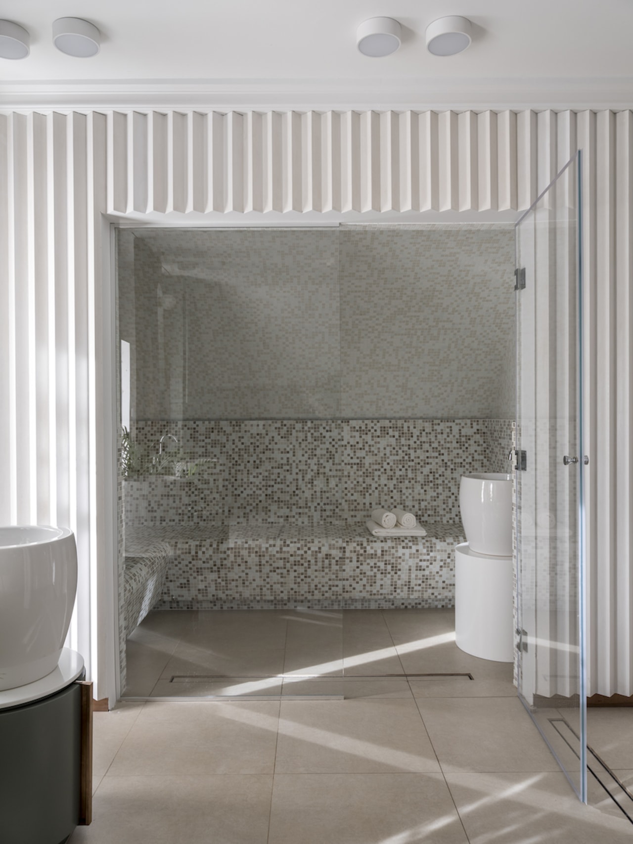 The most important element of the bathroom is architecture, bathroom, building, curtain, floor, flooring, furniture, house, interior design, product, property, room, silver, suite, tile, wall, white, window treatment, gray