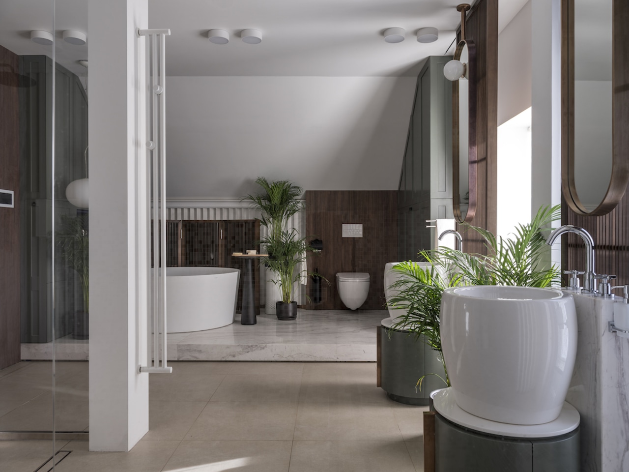 The owners of this bathroom wanted a modern architecture, bathroom, building, ceiling, floor, flooring, flowerpot, house, houseplant, interior design, lobby, property, real estate, room, tile, gray