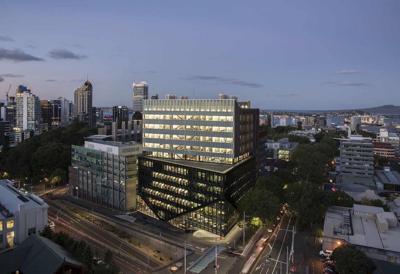 Education: The University of Auckland Science Centre by bird's eye view, building, city, cityscape, condominium, daytime, downtown, metropolis, metropolitan area, mixed use, neighbourhood, real estate, residential area, roof, sky, skyline, skyscraper, suburb, tower block, tree, urban area, black, blue