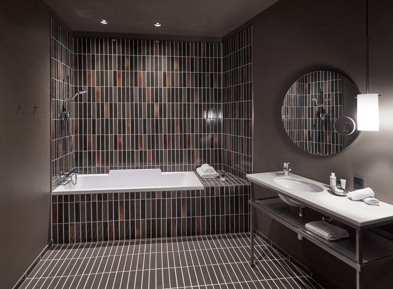 Ceramic tiles from Agrob Buchtal's Craft series adorn architecture, bathroom, black, ceiling, ceramic, floor, flooring, interior design, plumbing fixture, property, room, sink, tap, tile, black