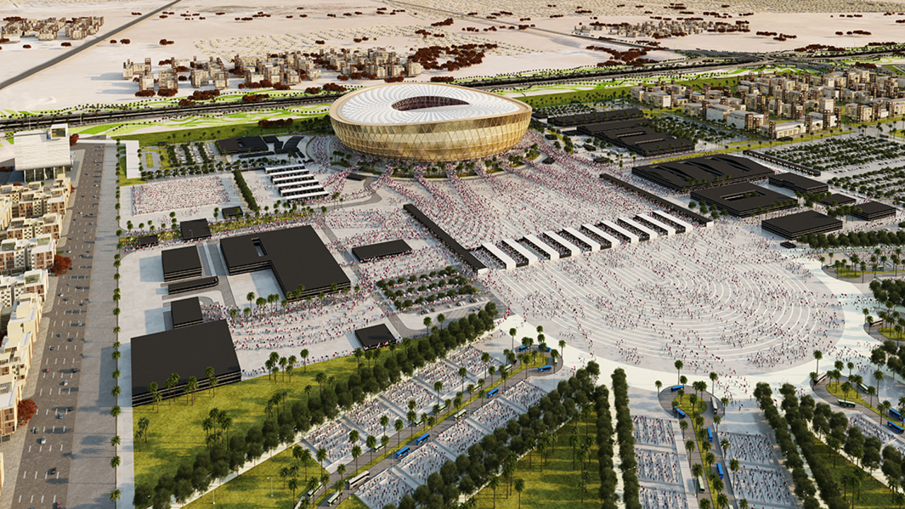 New look at Foster + Partners Lusail Stadium aerial photography, amphitheatre, arena, bird's eye view, city, mixed use, sport venue, stadium, structure, suburb, urban area, urban design, white, brown