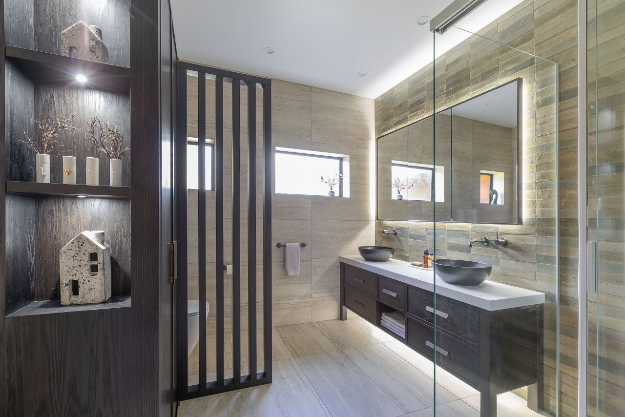 To achieve this bathroom, walls and timber ceilings 