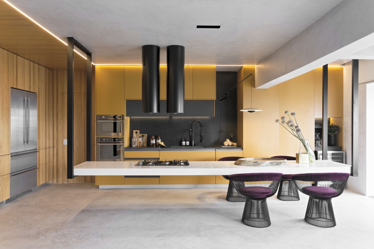 Innovation – and levitation! – defines this kitchen, architecture, bathroom, building, cabinetry, ceiling, countertop, floor, flooring, furniture, home, house, interior design, living room, material property, property, room, sink, table, tap, tile, gray