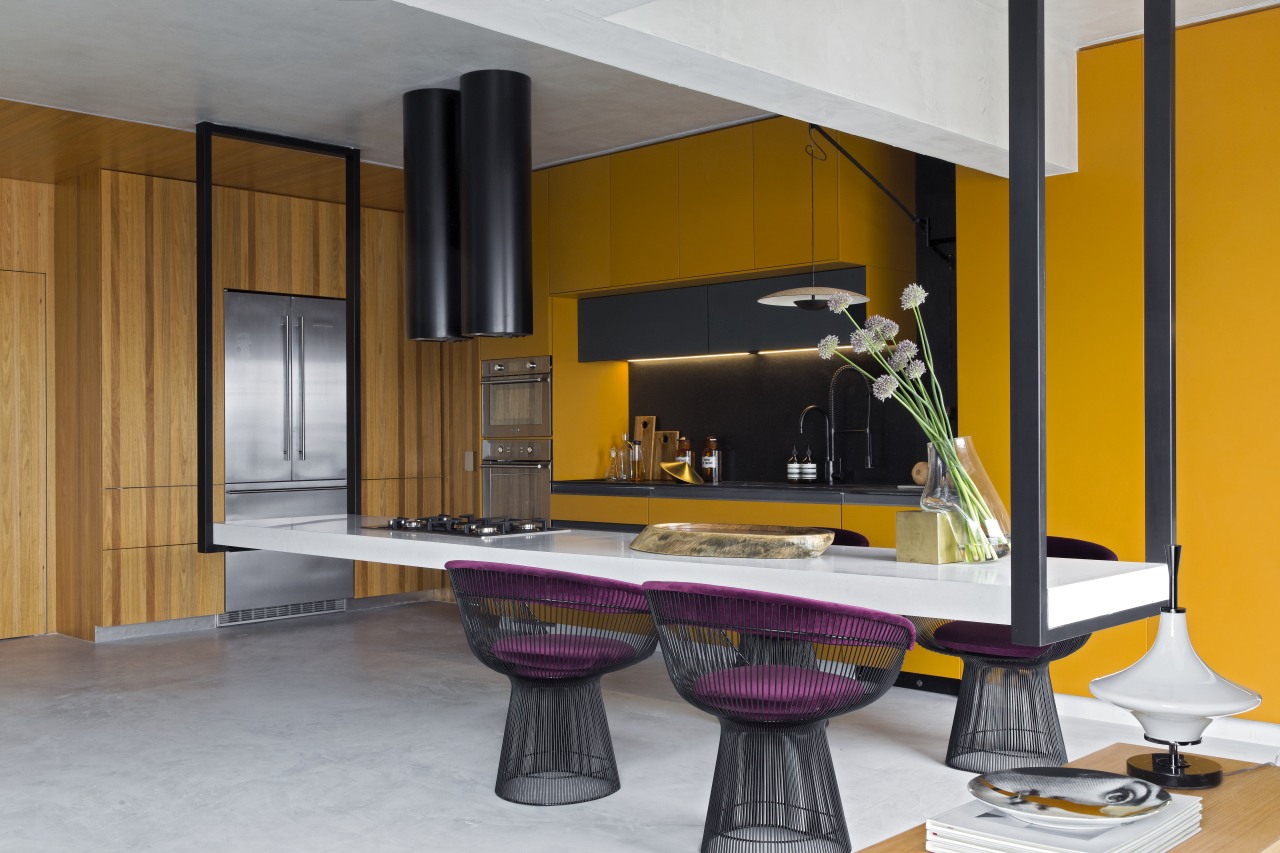 Now light and wide, the kitchen is complemented architecture, building, column, floor, furniture, house, interior design, living room, material property, property, room, table, yellow, gray