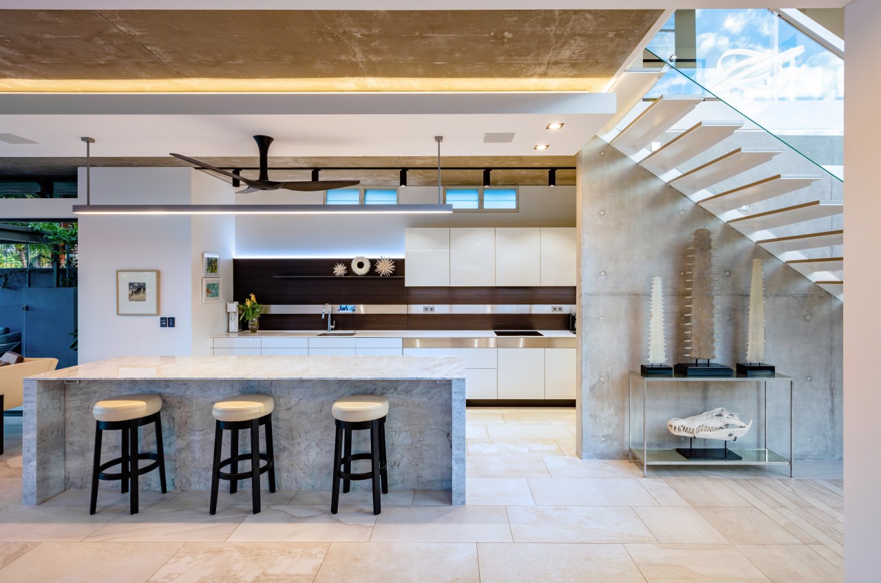 ​​​​​​​This long, linear Poggenpohl kitchen, precision tweaked and architecture, ceiling, countertop, interior design, kitchen, lobby, gray, marble, concrete, marble benchtop