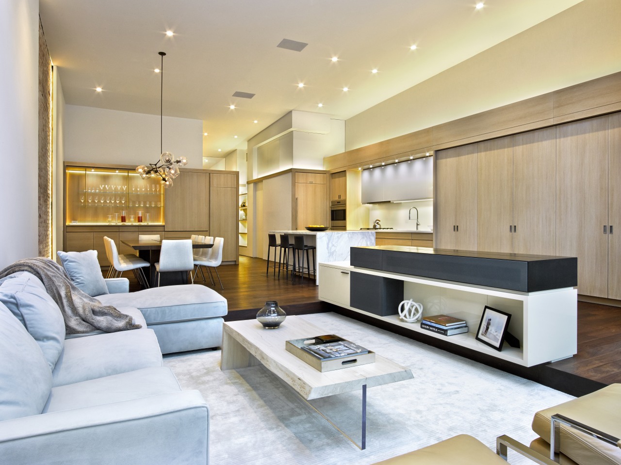 Integrated living spaces fulfil the client's desire for ceiling, interior design, living room, real estate, orange, white