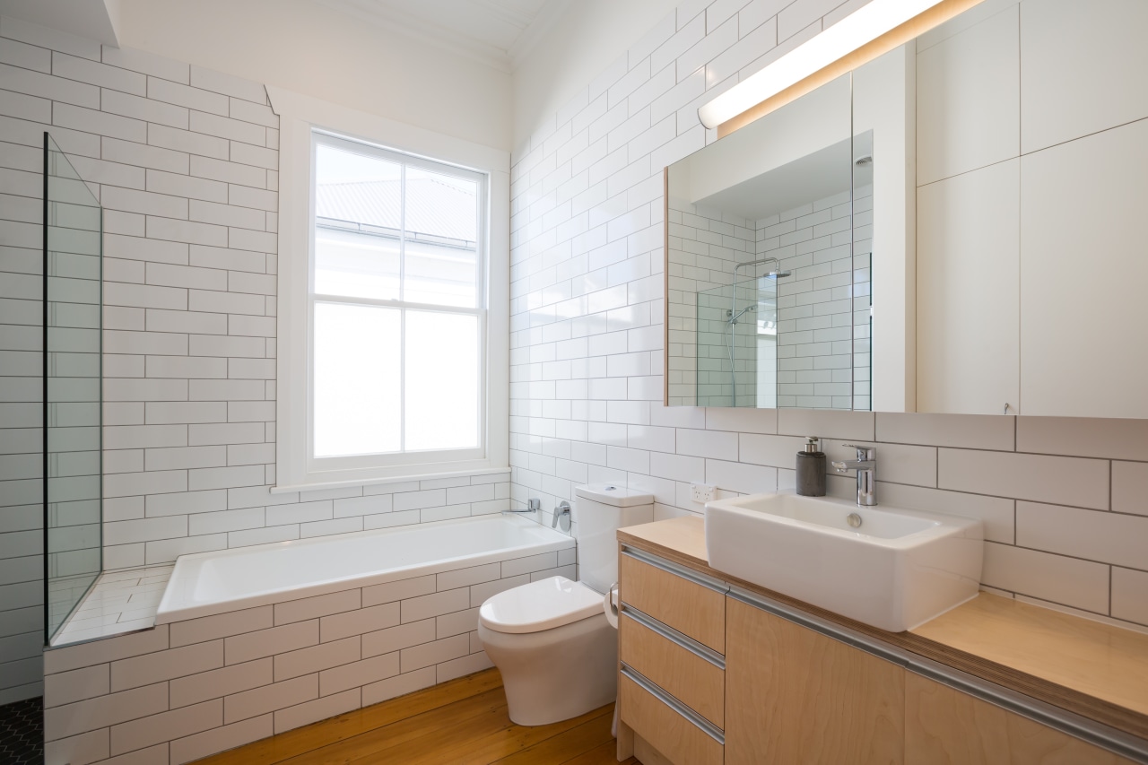 ​​​​​​​For this new bathroom in a traditional villa architecture, bathroom, timber floor, basin, subway tile, bathroomware,  Chris Holmes, CAAHT Studio Architects
