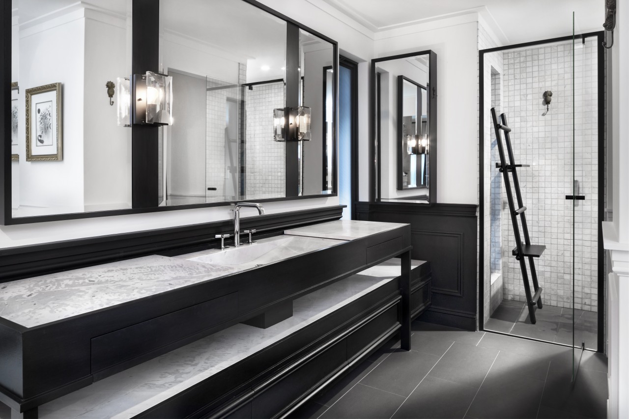 Classic detailing dovetails with modern design in this bathroom, black and white, tiled floor, flooring, bathroom design, Leon house, Dulux